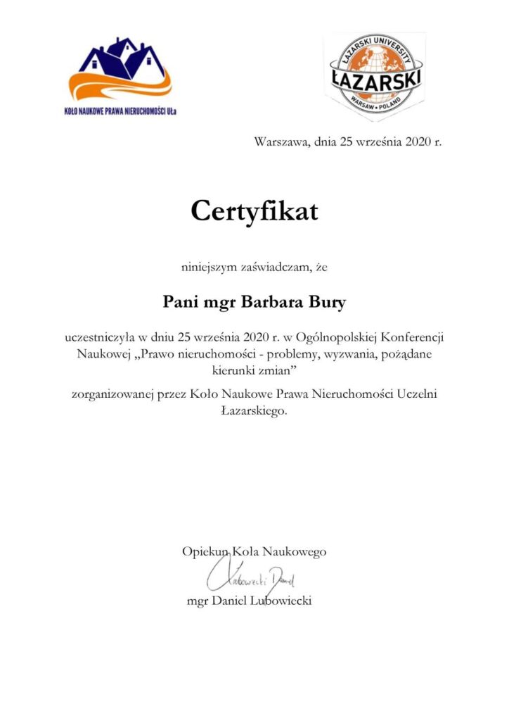 Cetryfikat uczestnictwa w Ogólnopolskiej Konferencji Naukowej zorganizowanej przez Uczelnię Łazarskiego