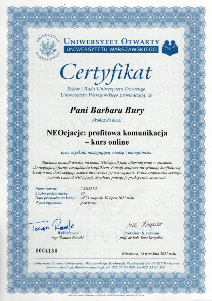 Cetryfikat ukończenia kursu "Neocjacje - profitowa komunikacja"