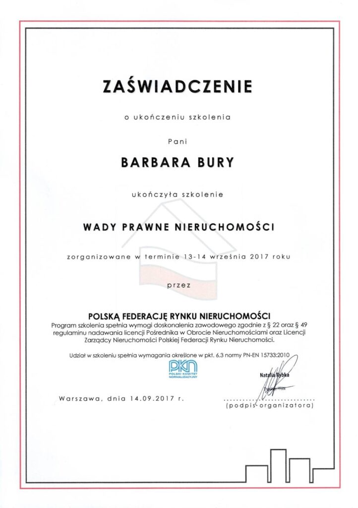 Zaświadczenie o ukończeniu szkolenia „Wady prawne nieruchomości”