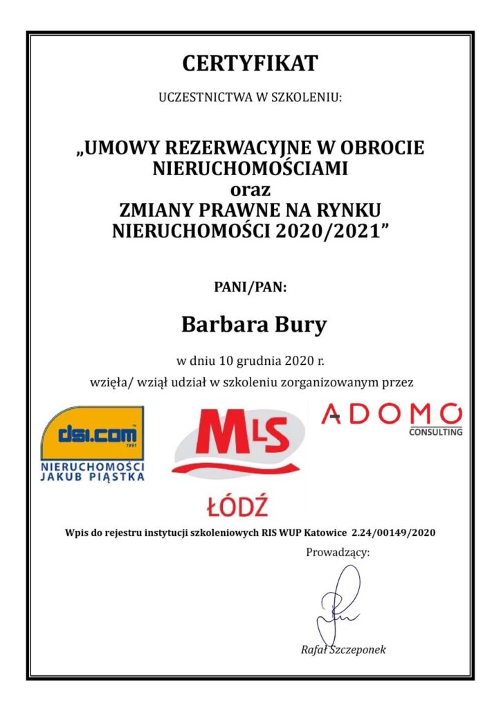 Cetryfikat uczestnictwa w szkoleniu "Umowy rezerwacyjne w obrocie nieruchomościami" 
