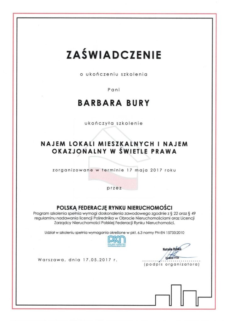 Zaświadczenie o ukończeniu szkolenia "Najem lokali mieszkalnych i najem okazjonalny w świetle prawa"  