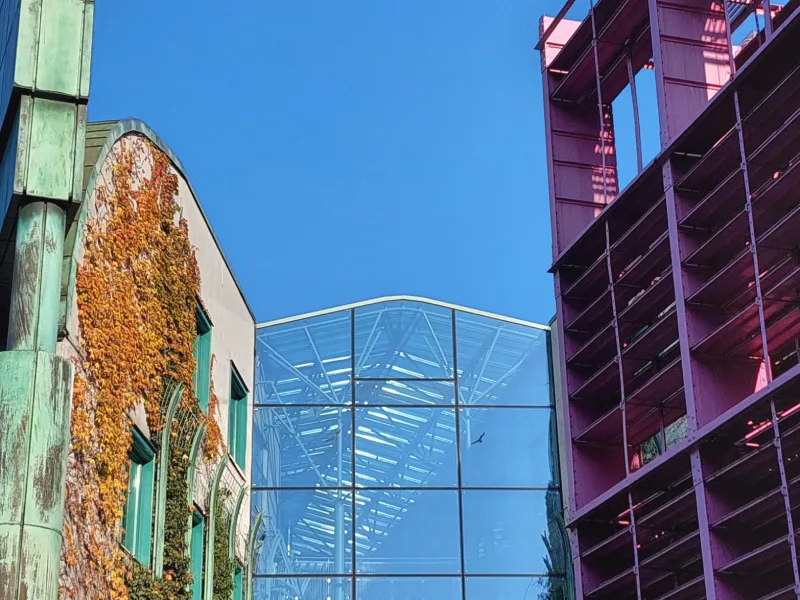 Detal architektoniczny budynku BUW w Warszawie przedstawiający połączenie szklanej elewacji z bordową ścianą.